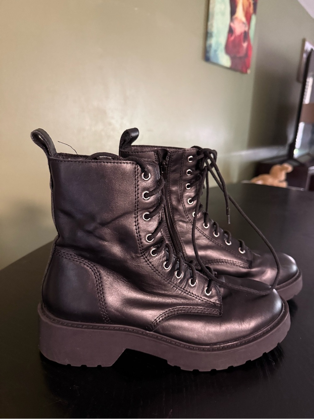 Steve Madden Black Leather Lace-Up Combat Boots with Side Zipper